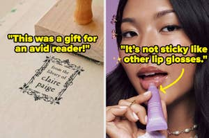 L: custom book stamp that says "from the library of claire paige" and reviewer quote "this was a gift for an avid reader" R: model applying laneige lip balm and reviewer quote "it's not sticky like other lip glosses"