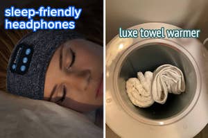 person wearing bluetooth headphones headband, towels inside of a warmer