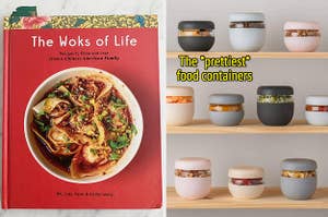 BuzzFeeder photo of the red Woks Of Life cookbook cover featuring a bowl of chili oil wontons / multicolored food storage containers on shelves with text: the *prettiest* food containers