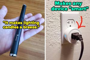 L: reviewer holding an electric lighter with quote "it makes lighting candles a breeze" R: smart plug