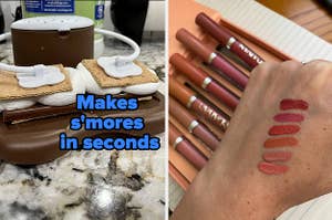 A s'more maker/A six-piece lip stain set with a reviewer's hand showing swatches of the colors
