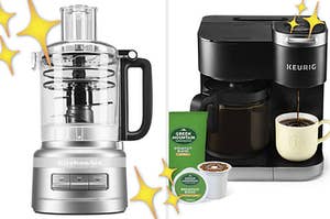 On the left is a food processor and on the right is a coffee maker