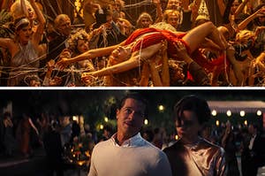 On top is Margot Robbie crowd surfing in a red dress and on bottom is Brad Pitt walking into. party wearing a white sweater