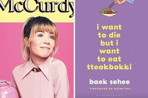 two separate images: on the left, jennette mccurdy on the cover of her book, wearing a collared shirt and looking up at the sky, slightly smiling with her mouth closed. on the right is the book cover for "i want to die but i want to eat tteokbokki"