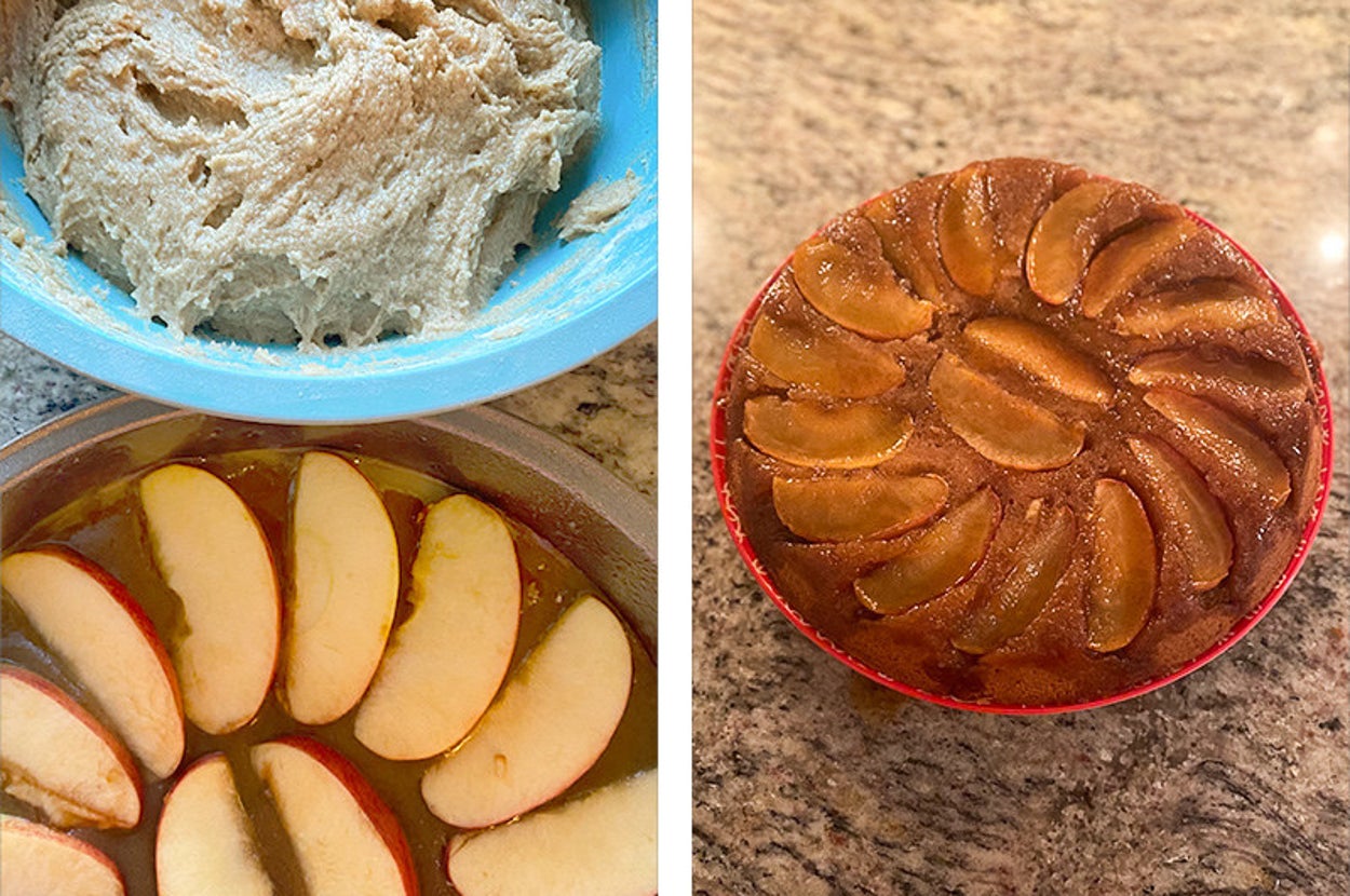 Left: cake battern and apple slices arranged in cake tin. Right: A carmel apple upside down cake. There are apple slices in a radial pattern along the edge of the cake, with two apple slices in the center.