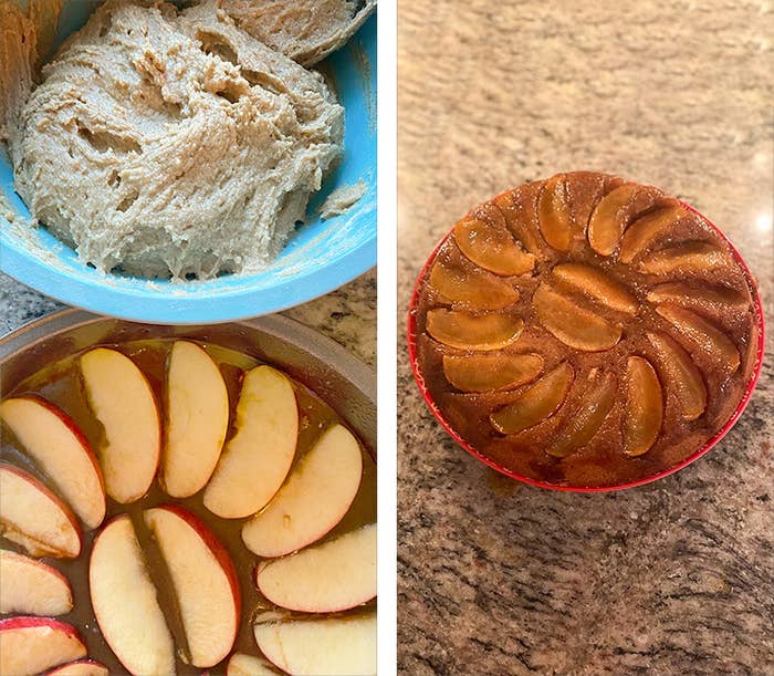 Left: cake battern and apple slices arranged in cake tin. Right: A carmel apple upside down cake. There are apple slices in a radial pattern along the edge of the cake, with two apple slices in the center.