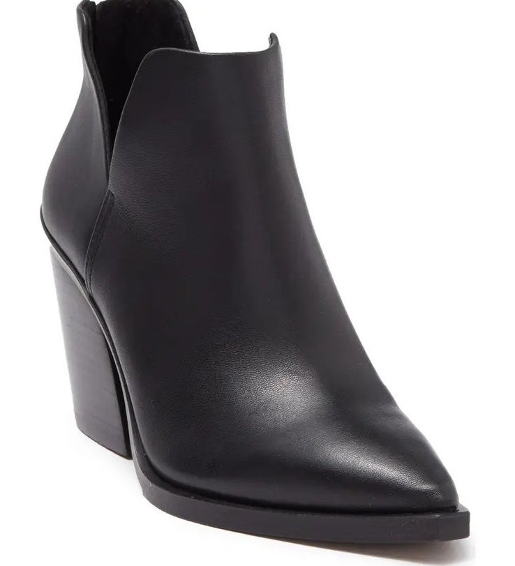 The black pointed toe stacked booties