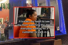 woman sitting down at restaurant with text "it breaks my heart to see my mom watching the door everyday waiting for a customer to walk in"