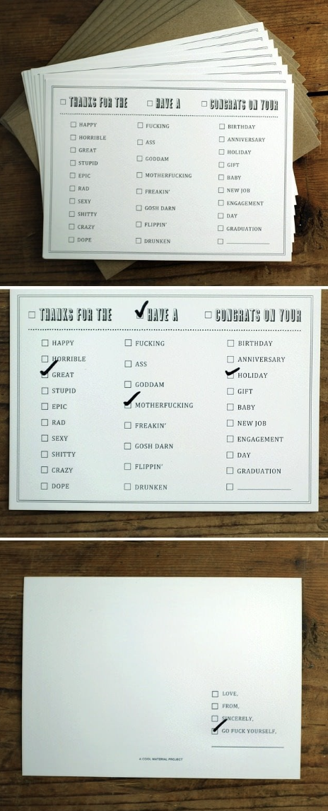 The card features three columns with random words and checkboxes next to them, with different boxes checked to make different messages for each card