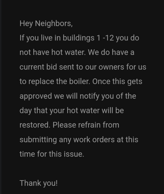 Note informing tenants that they sent a bid to the owners to replace the boiler and they&#x27;ll let them know when it&#x27;s approved and a day is announced