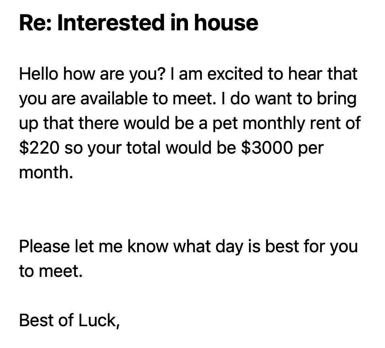 There&#x27;s a pet monthly rent of $220, so the total monthly rent would be $3,000