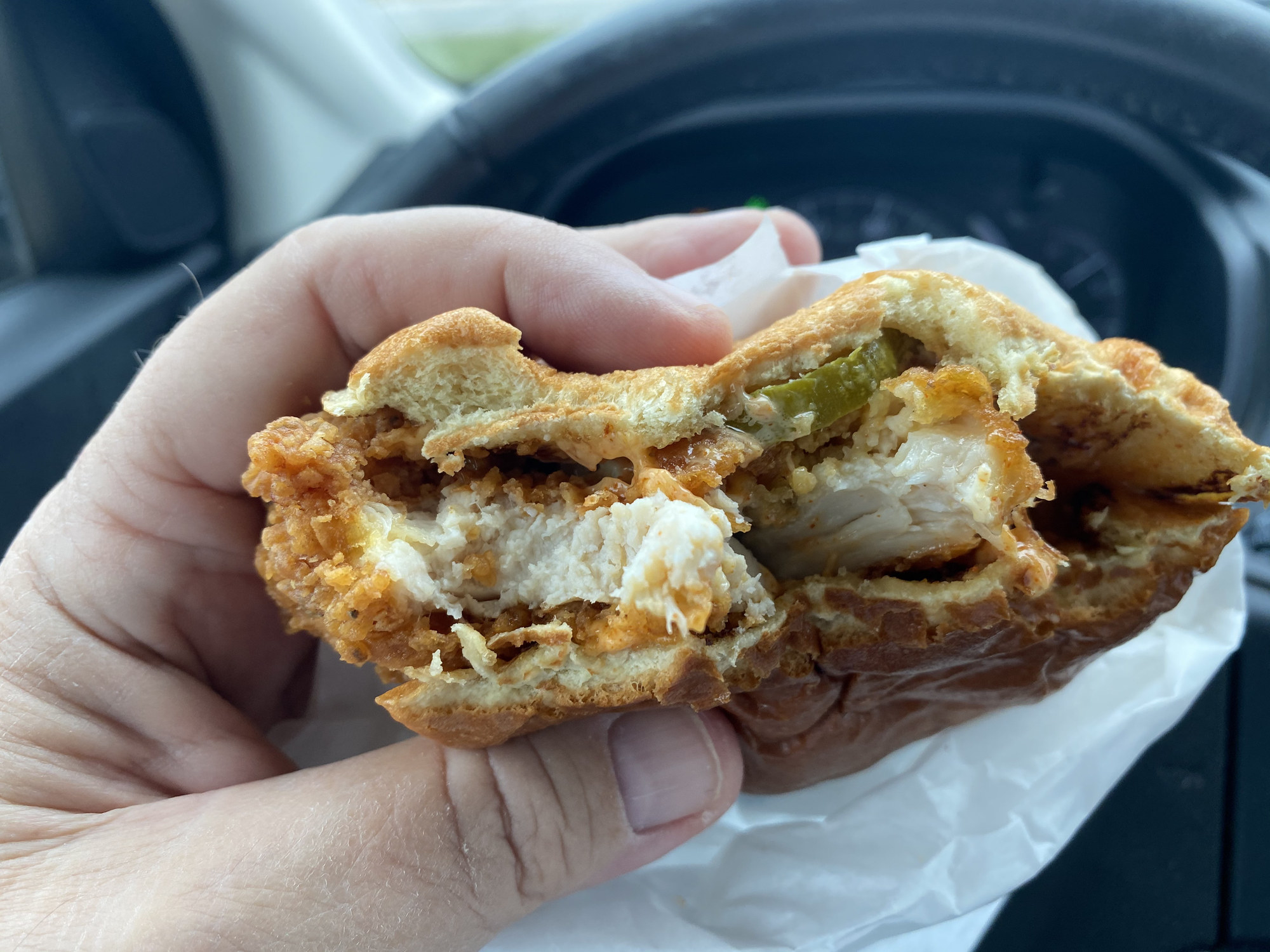 Spicy fast food fried chicken sandwich.