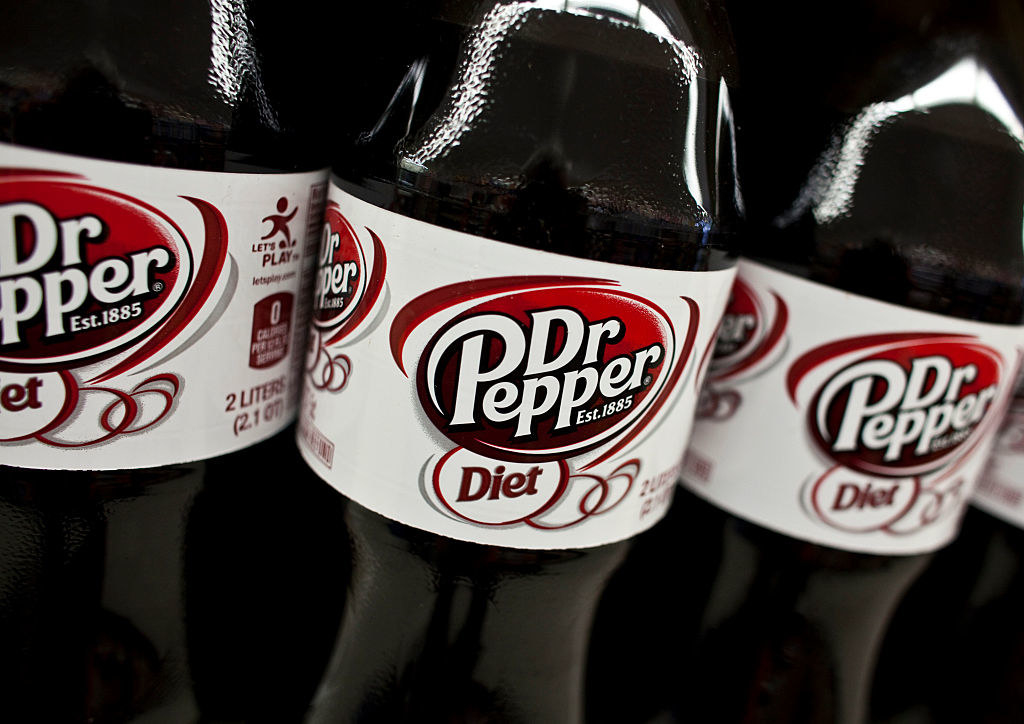 Dr. Pepper soda bottles.