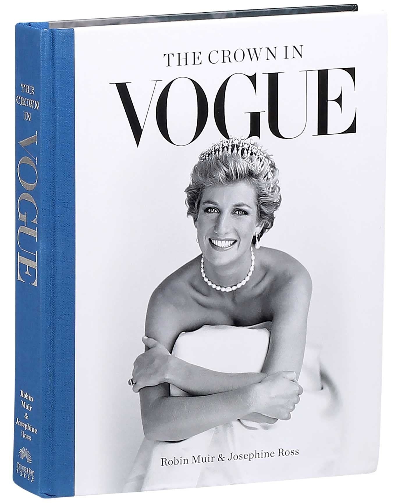 a coffee table book with princess diana on the cover in black and white and a blue spine