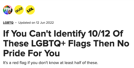 BuzzFeed headline reads &quot;If You Can&#x27;t Identify 10/12 Of These LGBTQ+ Flags Then No Pride For You&quot;