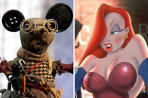 On the left, a mouse from Toys in the Attic, and on the right, Jessica Rabbit in Who Framed Roger Rabbit
