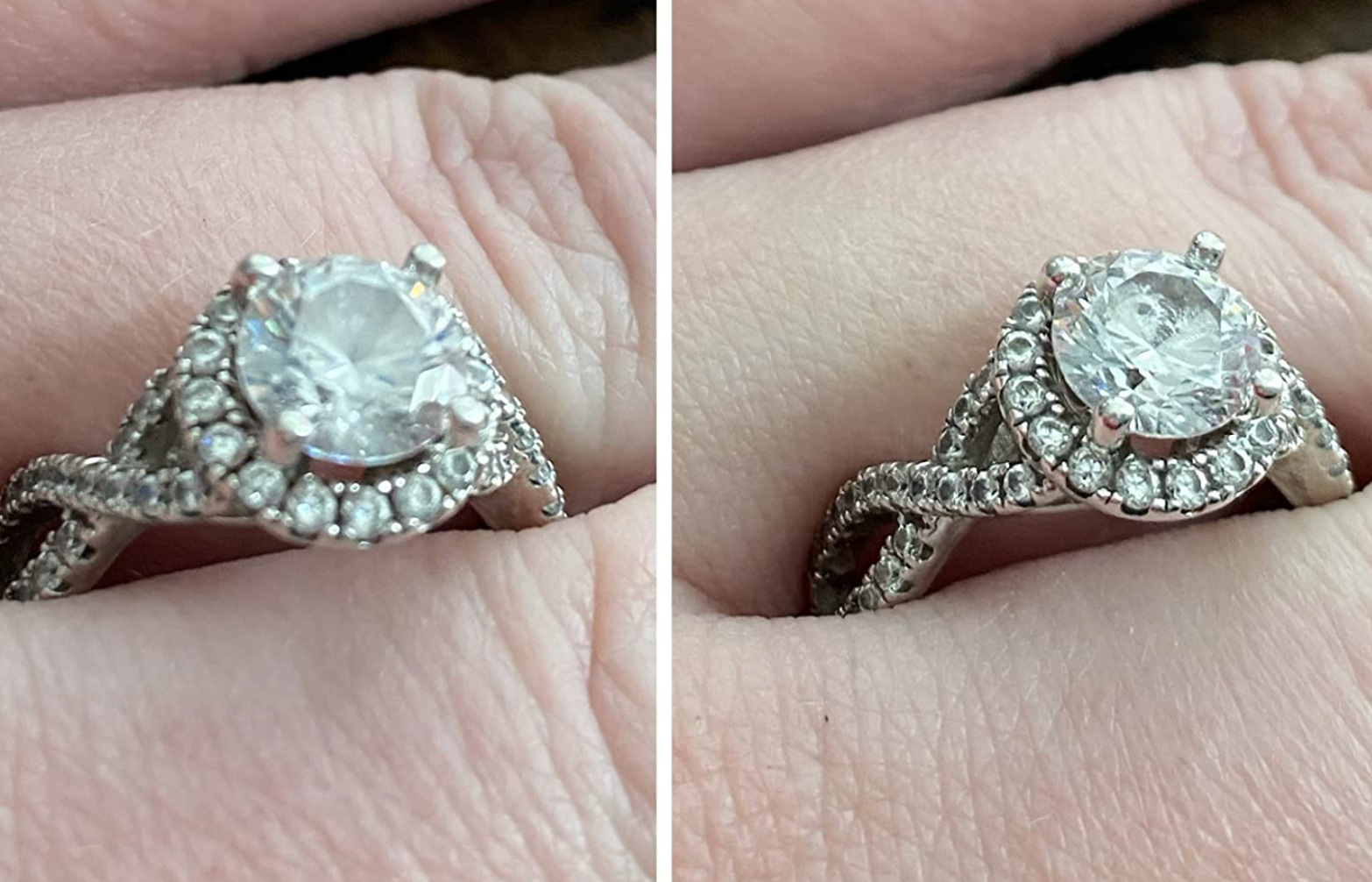 a reviewer's diamond ring looking fogged up and then looking brand new after using the cleaning pen