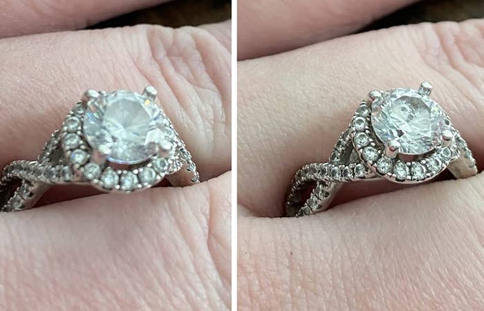 a reviewer&#x27;s diamond ring looking fogged up and then looking brand new after using the cleaning pen