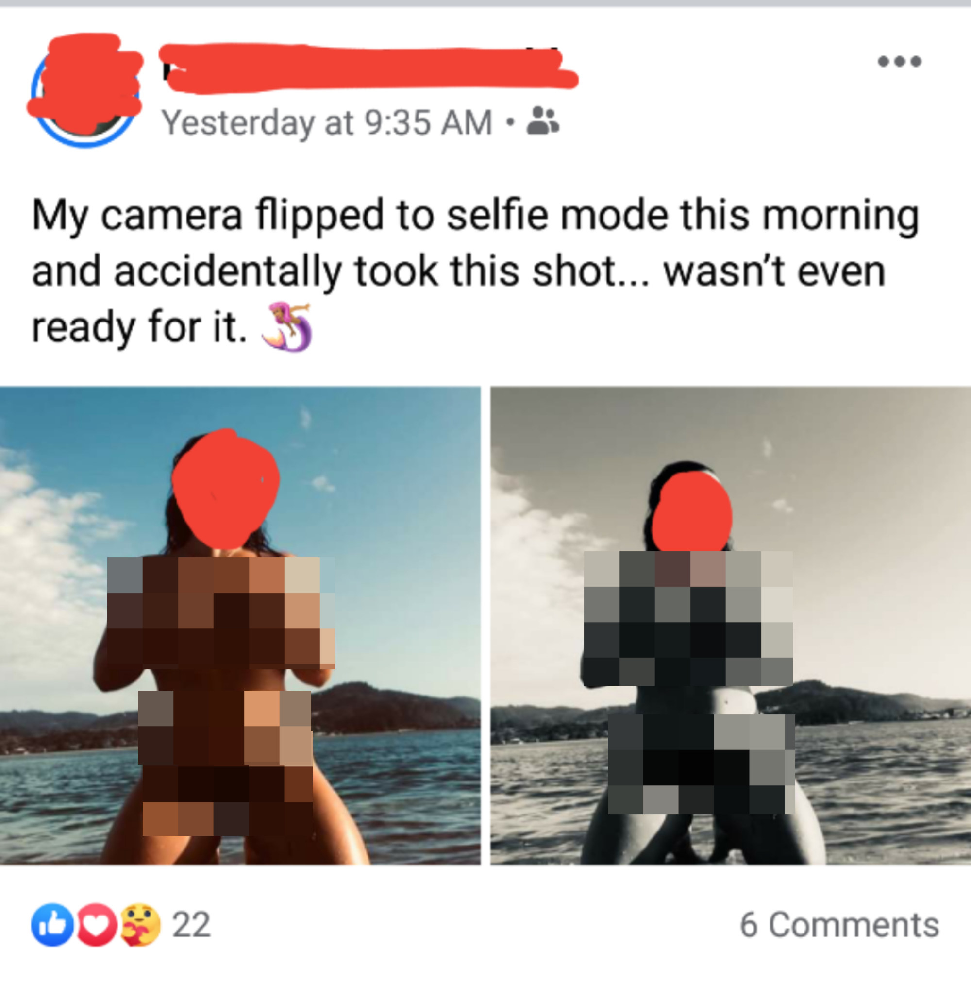 Two pixelated naked shots of someone in the water