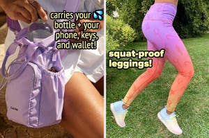 水瓶袋“带有您的瓶子 +您的手机，钥匙和钱包！”，戴着ombre绑腿的模特“蹲下绑腿！”