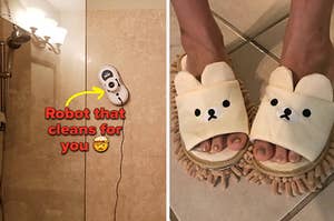 评论家的淋浴清洁机器人在墙上“机器人为你清洁”/评论家穿进小熊状的拖把拖鞋里