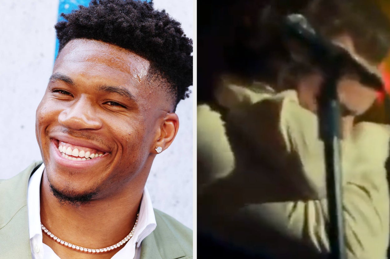 Giannis Antetokounmpo wears a green suit with a white shirt and a diamond necklace. Joaquin Phoenix appears as the Joker in a white shirt.