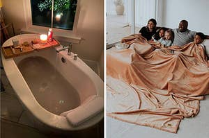 Reviewer showing their bath with the pillow /  Family of five models under the very large blanket in camel color