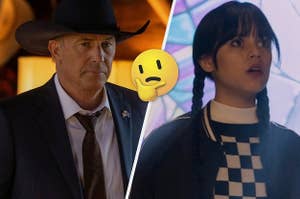 Kevin Costner and Jenna Ortega with a thinking emoji