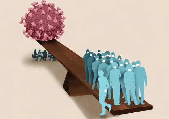 illustration of a seesaw where on one side there&#x27;s a lot of people with masks weighing down the other side, which is the coronavirus particle and people eating at a table
