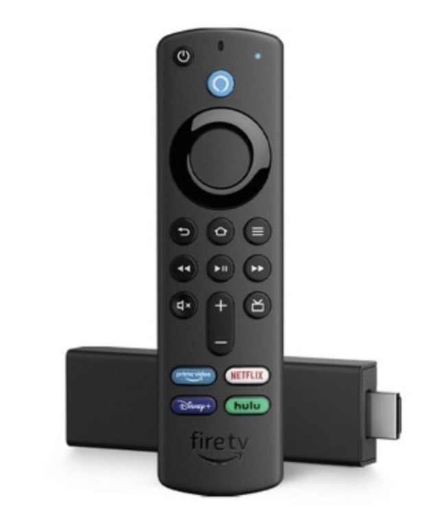 The black remote says &quot;firetv&quot; and has various streaming button options