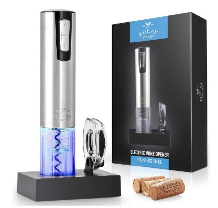 The silver wine opener has a blue LED lit bottom and a black base with a foil cutter