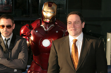 Robert Downey Jr. and Jon Favreau attend 'Iron Man' premiere.
