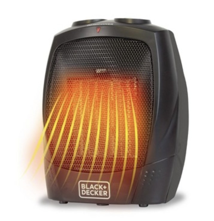 The black heater says &quot;BLACK + DECKER&quot; in white font