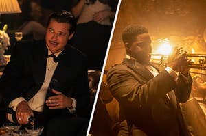 On the left is Brad Pitt in a tux and on the right is Jovan Adepo playing a trumpet