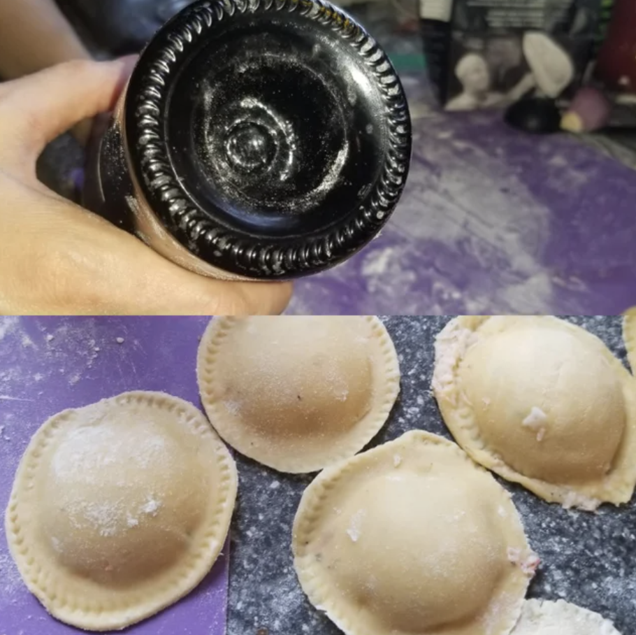 the bottom of a wine bottle and ravioli that&#x27;s been made with its bottom