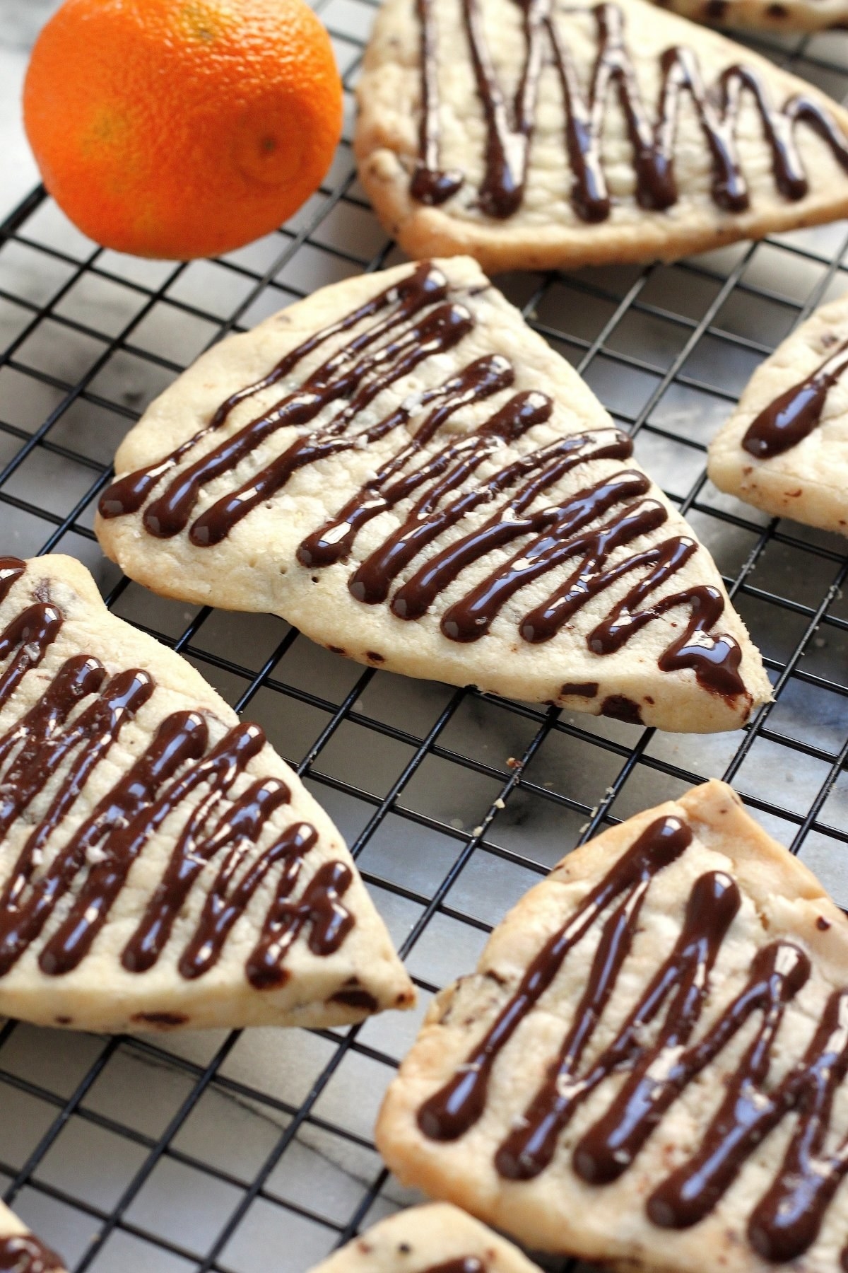 Shortbread drizzled with chocolate.