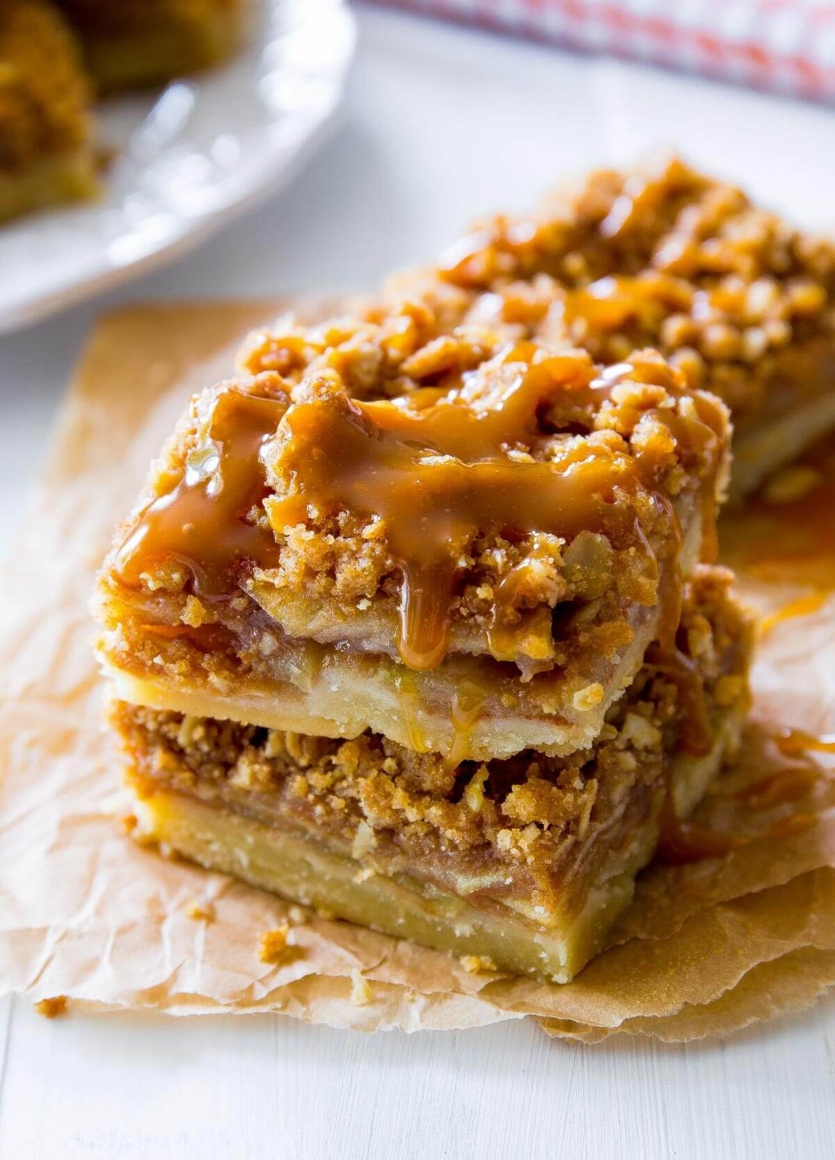 A stack of caramel apple pie bars.