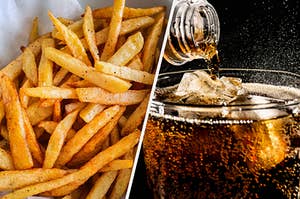 A basket of fries and soda being poured into a glass