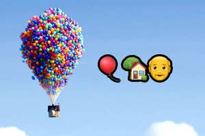 A house being carried away by balloons