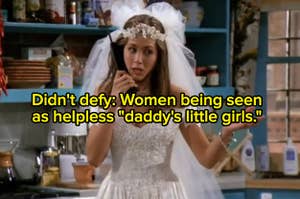Rachel Green talks on a landline phone while wearing a wedding dress