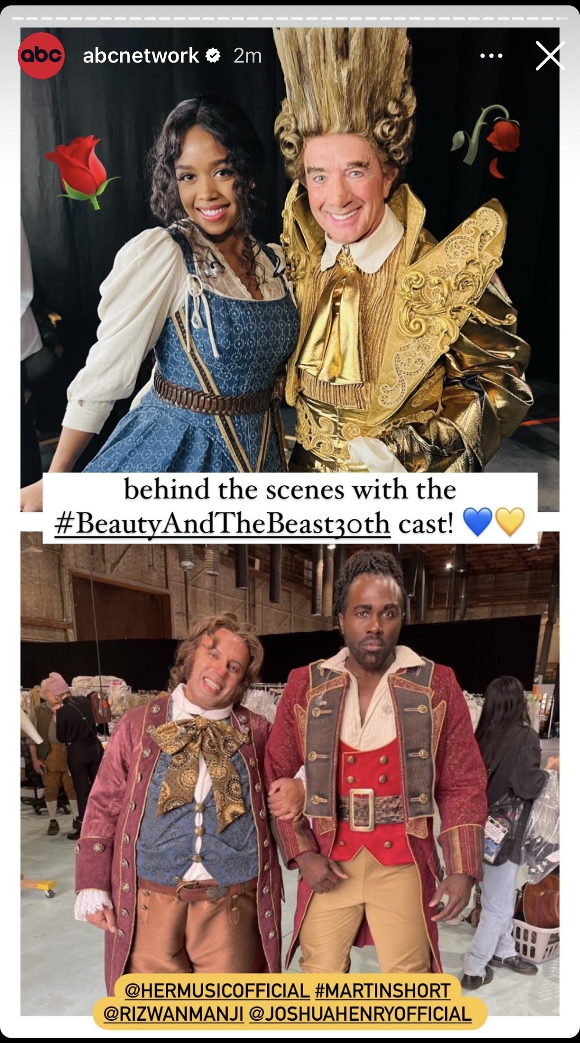 an instagram story of the cast of Beauty and the Beast: 30th celebration