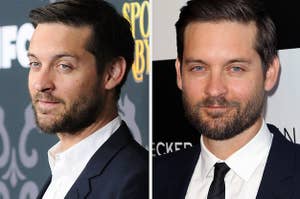 Tobey Maguire wears a navy suit and a white shirt. He also appears in a black suit. 