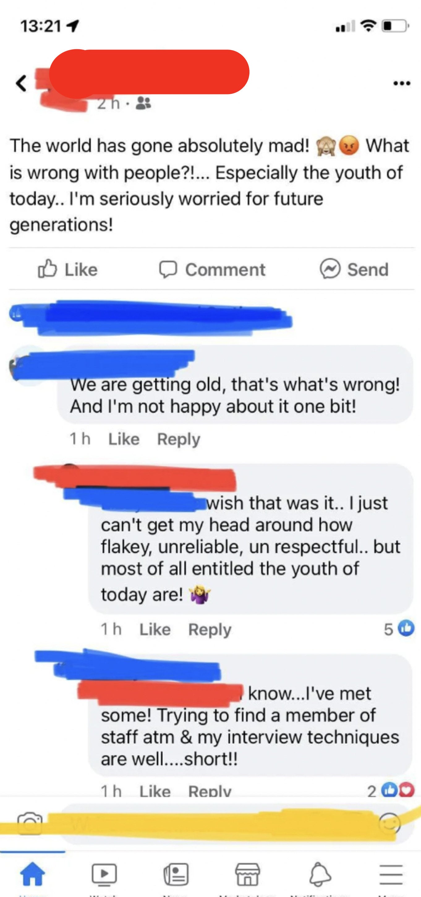 A Facebook post with comments lamenting the perceived decline of today's youth and sharing frustrations about modern job recruitment and interview techniques