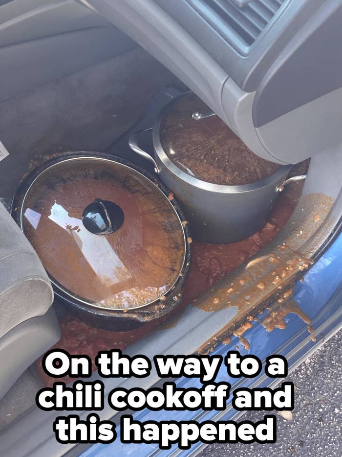 pot full of chili spilled inside a car