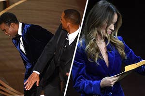 Will Smith slaps Chris Rock and Olivia Wilde looks down at a document 