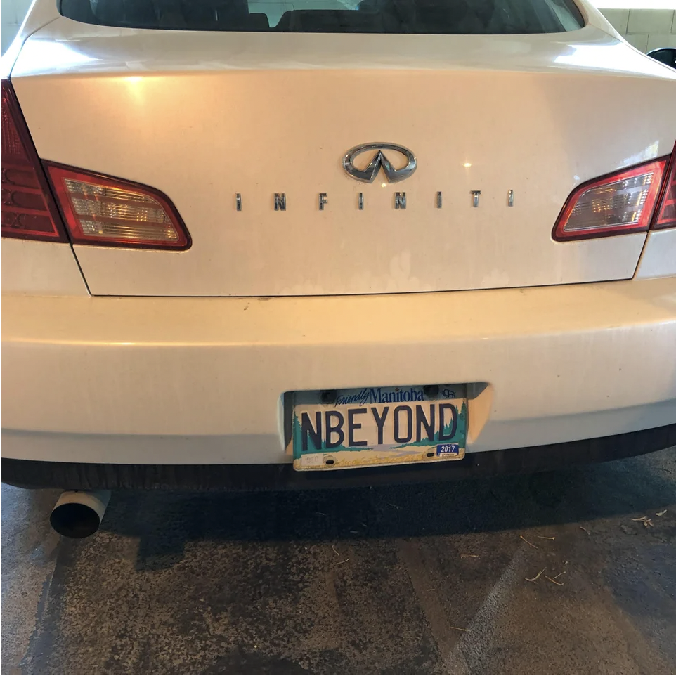 Infiniti car with license plate reading &quot;NBYEOND&quot;