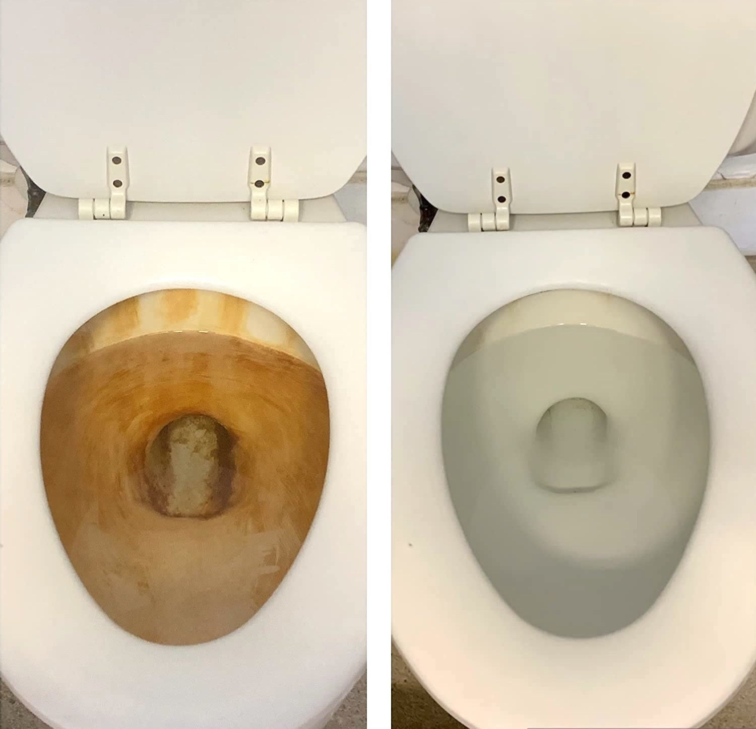 a reviewer&#x27;s toilet before, orange with built-up rust stains, and after, completely clean