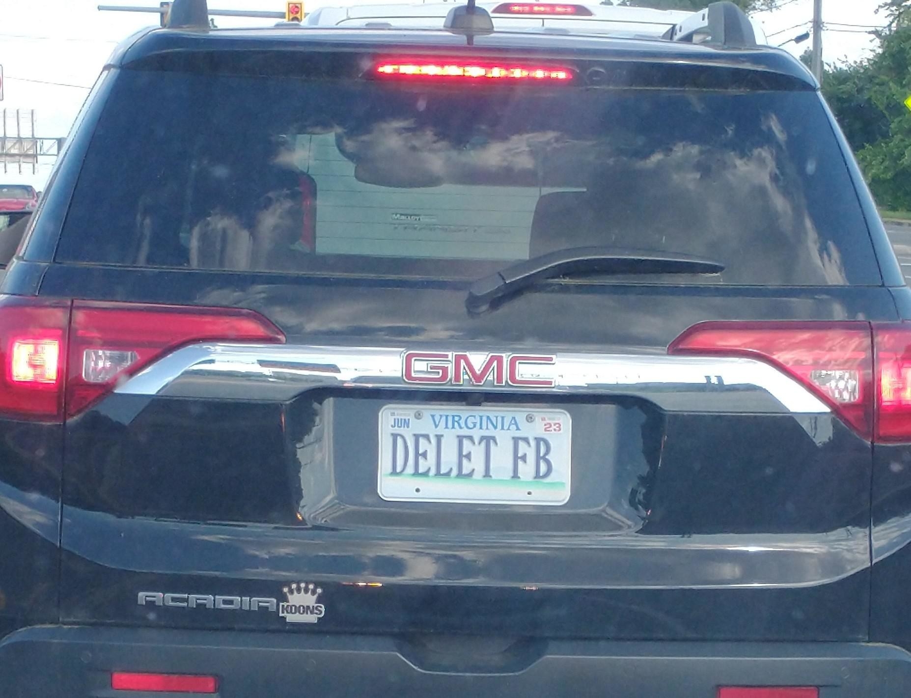 Car with license plate reading &quot;DELET FB&quot;