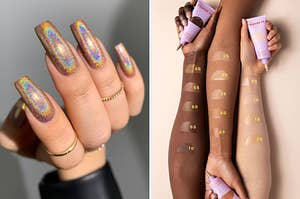 A model with holographic rainbow-looking nails / three models' arms with swatches of the product to show the different shades