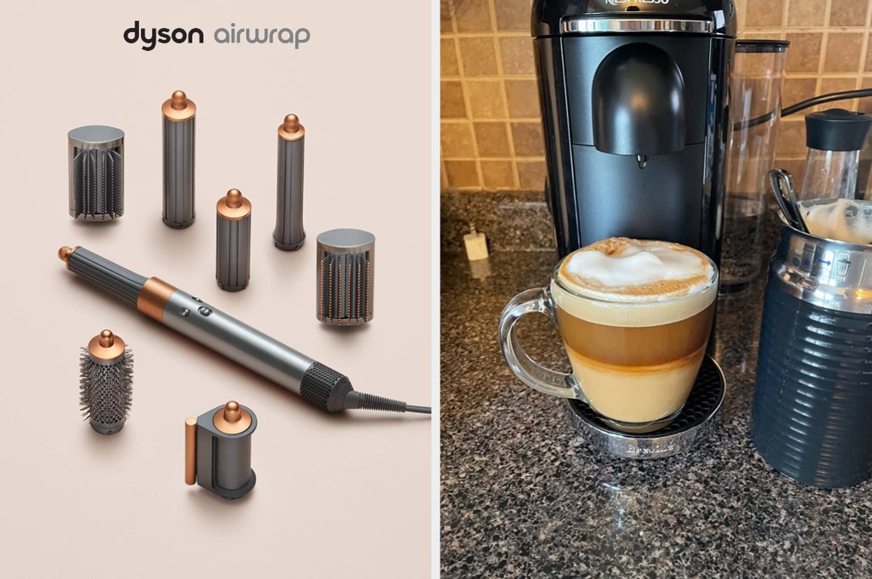 dyson airwrap / nespresso making a frothy coffee